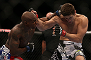 TORONTO, CANADA - SEPTEMBER 22: (L-R) Marcus Brimage punches Jimy Hettes during their featherweight bout at UFC 152 inside Air Canada Centre on September 22, 2012 in Toronto, Ontario, Canada. (Photo by Josh Hedges/Zuffa LLC/Zuffa LLC via Getty Images)