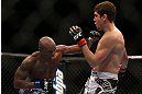 TORONTO, CANADA - SEPTEMBER 22: (L-R) Marcus Brimage punches Jimy Hettes during their featherweight bout at UFC 152 inside Air Canada Centre on September 22, 2012 in Toronto, Ontario, Canada. (Photo by Josh Hedges/Zuffa LLC/Zuffa LLC via Getty Images)