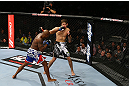 TORONTO, CANADA - SEPTEMBER 22: (L-R) Marcus Brimage punches Jimy Hettes during their featherweight bout at UFC 152 inside Air Canada Centre on September 22, 2012 in Toronto, Ontario, Canada. (Photo by Al Bello/Zuffa LLC/Zuffa LLC via Getty Images)