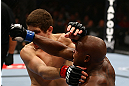 TORONTO, CANADA - SEPTEMBER 22: (R-L) Marcus Brimage punches Jimy Hettes during their featherweight bout at UFC 152 inside Air Canada Centre on September 22, 2012 in Toronto, Ontario, Canada. (Photo by Al Bello/Zuffa LLC/Zuffa LLC via Getty Images)