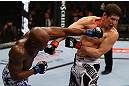 TORONTO, CANADA - SEPTEMBER 22: (L-R) Marcus Brimage punches Jimy Hettes during their featherweight bout at UFC 152 inside Air Canada Centre on September 22, 2012 in Toronto, Ontario, Canada. (Photo by Al Bello/Zuffa LLC/Zuffa LLC via Getty Images)