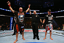 TORONTO, CANADA - SEPTEMBER 22: Sean Pierson (L) reacts after defeating Lance Benoist during their welterweight bout at UFC 152 inside Air Canada Centre on September 22, 2012 in Toronto, Ontario, Canada. (Photo by Al Bello/Zuffa LLC/Zuffa LLC via Getty Images)
