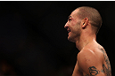 TORONTO, CANADA - SEPTEMBER 22: Cub Swanson reacts after knocking out Charles Oliveira during their featherweight bout at UFC 152 inside Air Canada Centre on September 22, 2012 in Toronto, Ontario, Canada. (Photo by Josh Hedges/Zuffa LLC/Zuffa LLC via Getty Images)