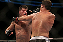 TORONTO, CANADA - SEPTEMBER 22: (L-R) Brian Stann punches Michael Bisping during their middleweight bout at UFC 152 inside Air Canada Centre on September 22, 2012 in Toronto, Ontario, Canada. (Photo by Josh Hedges/Zuffa LLC/Zuffa LLC via Getty Images)