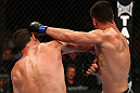TORONTO, CANADA - SEPTEMBER 22: (L-R) Michael Bisping punches Brian Stann during their middleweight bout at UFC 152 inside Air Canada Centre on September 22, 2012 in Toronto, Ontario, Canada. (Photo by Al Bello/Zuffa LLC/Zuffa LLC via Getty Images)