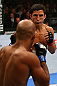 TORONTO, CANADA - SEPTEMBER 22: (R-L) Joseph Benavidez squares off with Demetrious Johnson during their flyweight championship bout at UFC 152 inside Air Canada Centre on September 22, 2012 in Toronto, Ontario, Canada. (Photo by Al Bello/Zuffa LLC/Zuffa LLC via Getty Images)