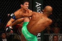 TORONTO, CANADA - SEPTEMBER 22: (R-L) Demetrious Johnson kicks Joseph Benavidez during their flyweight championship bout at UFC 152 inside Air Canada Centre on September 22, 2012 in Toronto, Ontario, Canada. (Photo by Al Bello/Zuffa LLC/Zuffa LLC via Getty Images)