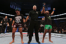TORONTO, CANADA - SEPTEMBER 22: Demetrious Johnson (R) reacts after defeating Joseph Benavidez during their flyweight championship bout at UFC 152 inside Air Canada Centre on September 22, 2012 in Toronto, Ontario, Canada. (Photo by Josh Hedges/Zuffa LLC/Zuffa LLC via Getty Images)