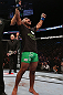 TORONTO, CANADA - SEPTEMBER 22: Demetrious Johnson reacts after defeating Joseph Benavidez during their flyweight championship bout at UFC 152 inside Air Canada Centre on September 22, 2012 in Toronto, Ontario, Canada. (Photo by Josh Hedges/Zuffa LLC/Zuffa LLC via Getty Images)