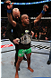 TORONTO, CANADA - SEPTEMBER 22: Demetrious Johnson reacts after defeating Joseph Benavidez during their flyweight championship bout at UFC 152 inside Air Canada Centre on September 22, 2012 in Toronto, Ontario, Canada. (Photo by Josh Hedges/Zuffa LLC/Zuffa LLC via Getty Images)