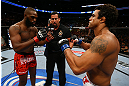 TORONTO, CANADA - SEPTEMBER 22: Opponents Jon Jones (L) and Vitor Belfort touch gloves before their light heavyweight championship bout at UFC 152 inside Air Canada Centre on September 22, 2012. (Photo by Al Bello/Zuffa LLC/Zuffa LLC via Getty Images)