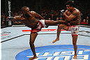 TORONTO, CANADA - SEPTEMBER 22: (L-R) Jon Jones kicks Vitor Belfort during their light heavyweight championship bout at UFC 152 inside Air Canada Centre on September 22, 2012 in Toronto, Ontario, Canada. (Photo by Al Bello/Zuffa LLC/Zuffa LLC via Getty Images)