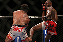TORONTO, CANADA - SEPTEMBER 22: (R-L) Jon Jones kicks Vitor Belfort during their light heavyweight championship bout at UFC 152 inside Air Canada Centre on September 22, 2012 in Toronto, Ontario, Canada. (Photo by Josh Hedges/Zuffa LLC/Zuffa LLC via Getty Images)