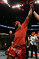 TORONTO, CANADA - SEPTEMBER 22: Jon Jones reacts after defeating Vitor Belfort during their light heavyweight championship bout at UFC 152 inside Air Canada Centre on September 22, 2012 in Toronto, Ontario, Canada. (Photo by Al Bello/Zuffa LLC/Zuffa LLC via Getty Images)