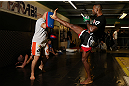 NOTTINGHAM, ENGLAND - SEPTEMBER 26:    Jimi Manuwa works out for the media during an open workout session at Gym Combat on September 26, 2012 in Nottingham, England.  (Photo by Josh Hedges/Zuffa LLC/Zuffa LLC via Getty Images)