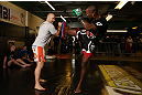 NOTTINGHAM, ENGLAND - SEPTEMBER 26:    Jimi Manuwa works out for the media during an open workout session at Gym Combat on September 26, 2012 in Nottingham, England.  (Photo by Josh Hedges/Zuffa LLC/Zuffa LLC via Getty Images)