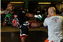 NOTTINGHAM, ENGLAND - SEPTEMBER 26:    Jimi Manuwa works out for the media during an open workout session at Gym Combat on September 26, 2012 in Nottingham, England.  (Photo by Josh Hedges/Zuffa LLC/Zuffa LLC via Getty Images)