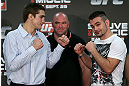 NOTTINGHAM, ENGLAND - SEPTEMBER 27:  (L-R) Opponents John Hathaway and John Maguire face off during a UFC press conference at the Hilton Hotel on September 27, 2012 in Nottingham, England.  (Photo by Josh Hedges/Zuffa LLC/Zuffa LLC via Getty Images)