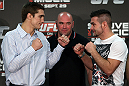 NOTTINGHAM, ENGLAND - SEPTEMBER 27:  (L-R) Opponents John Hathaway and John Maguire face off during a UFC press conference at the Hilton Hotel on September 27, 2012 in Nottingham, England.  (Photo by Josh Hedges/Zuffa LLC/Zuffa LLC via Getty Images)