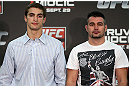 NOTTINGHAM, ENGLAND - SEPTEMBER 27:  (L-R) Opponents John Hathaway and John Maguire pose for photos during a UFC press conference at the Hilton Hotel on September 27, 2012 in Nottingham, England.  (Photo by Josh Hedges/Zuffa LLC/Zuffa LLC via Getty Images)