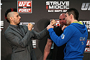 NOTTINGHAM, ENGLAND - SEPTEMBER 27:  (L-R) Opponents Dan Hardy and Amir Sadollah face off during a UFC press conference at the Hilton Hotel on September 27, 2012 in Nottingham, England.  (Photo by Josh Hedges/Zuffa LLC/Zuffa LLC via Getty Images)