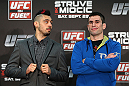 NOTTINGHAM, ENGLAND - SEPTEMBER 27:  (L-R) Opponents Dan Hardy and Amir Sadollah pose for photos during a UFC press conference at the Hilton Hotel on September 27, 2012 in Nottingham, England.  (Photo by Josh Hedges/Zuffa LLC/Zuffa LLC via Getty Images)