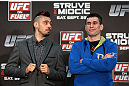 NOTTINGHAM, ENGLAND - SEPTEMBER 27:  (L-R) Opponents Dan Hardy and Amir Sadollah pose for photos during a UFC press conference at the Hilton Hotel on September 27, 2012 in Nottingham, England.  (Photo by Josh Hedges/Zuffa LLC/Zuffa LLC via Getty Images)