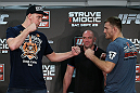 NOTTINGHAM, ENGLAND - SEPTEMBER 27:  (L-R) Opponents Stefan Struve and Stipe Miocic face off during a UFC press conference at the Hilton Hotel on September 27, 2012 in Nottingham, England.  (Photo by Josh Hedges/Zuffa LLC/Zuffa LLC via Getty Images)