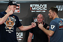 NOTTINGHAM, ENGLAND - SEPTEMBER 27:  (L-R) Opponents Stefan Struve and Stipe Miocic face off during a UFC press conference at the Hilton Hotel on September 27, 2012 in Nottingham, England.  (Photo by Josh Hedges/Zuffa LLC/Zuffa LLC via Getty Images)