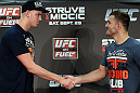 NOTTINGHAM, ENGLAND - SEPTEMBER 27:  (L-R) Opponents Stefan Struve and Stipe Miocic shake hands during a UFC press conference at the Hilton Hotel on September 27, 2012 in Nottingham, England.  (Photo by Josh Hedges/Zuffa LLC/Zuffa LLC via Getty Images)