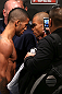 NOTTINGHAM, ENGLAND - SEPTEMBER 28:  (L-R) Opponents Jason Young and Robbie Peralta face off during the UFC on Fuel TV weigh in at Capital FM Arena on September 28, 2012 in Nottingham, England.  (Photo by Josh Hedges/Zuffa LLC/Zuffa LLC via Getty Images)