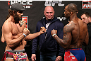 NOTTINGHAM, ENGLAND - SEPTEMBER 28:  (L-R) Opponents Kyle Kingsbury and Jimi Manuwa face off during the UFC on Fuel TV weigh in at Capital FM Arena on September 28, 2012 in Nottingham, England.  (Photo by Josh Hedges/Zuffa LLC/Zuffa LLC via Getty Images)