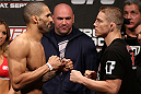 NOTTINGHAM, ENGLAND - SEPTEMBER 28:  (L-R) Opponents Che Mills and Duane Ludwig face off during the UFC on Fuel TV weigh in at Capital FM Arena on September 28, 2012 in Nottingham, England.  (Photo by Josh Hedges/Zuffa LLC/Zuffa LLC via Getty Images)