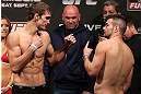 NOTTINGHAM, ENGLAND - SEPTEMBER 28:  (L-R) Opponents John Hathaway and John Maguire face off during the UFC on Fuel TV weigh in at Capital FM Arena on September 28, 2012 in Nottingham, England.  (Photo by Josh Hedges/Zuffa LLC/Zuffa LLC via Getty Images)