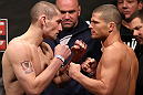 NOTTINGHAM, ENGLAND - SEPTEMBER 28:  (L-R) Opponents Paul Sass and Matt Wiman face off during the UFC on Fuel TV weigh in at Capital FM Arena on September 28, 2012 in Nottingham, England.  (Photo by Josh Hedges/Zuffa LLC/Zuffa LLC via Getty Images)