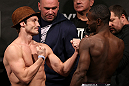 NOTTINGHAM, ENGLAND - SEPTEMBER 28:  (L-R) Opponents Brad Pickett and Yves Jabouin face off during the UFC on Fuel TV weigh in at Capital FM Arena on September 28, 2012 in Nottingham, England.  (Photo by Josh Hedges/Zuffa LLC/Zuffa LLC via Getty Images)