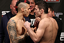 NOTTINGHAM, ENGLAND - SEPTEMBER 28:  (L-R) Opponents Dan Hardy and Amir Sadollah face off during the UFC on Fuel TV weigh in at Capital FM Arena on September 28, 2012 in Nottingham, England.  (Photo by Josh Hedges/Zuffa LLC/Zuffa LLC via Getty Images)