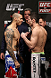 NOTTINGHAM, ENGLAND - SEPTEMBER 28:  (L-R) Opponents Dan Hardy and Amir Sadollah face off during the UFC on Fuel TV weigh in at Capital FM Arena on September 28, 2012 in Nottingham, England.  (Photo by Josh Hedges/Zuffa LLC/Zuffa LLC via Getty Images)