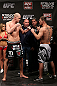 NOTTINGHAM, ENGLAND - SEPTEMBER 28:  (L-R) Opponents Stefan Struve and Stipe Miocic face off during the UFC on Fuel TV weigh in at Capital FM Arena on September 28, 2012 in Nottingham, England.  (Photo by Josh Hedges/Zuffa LLC/Zuffa LLC via Getty Images)