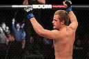 NOTTINGHAM, ENGLAND - SEPTEMBER 29:  Gunnar Nelson reacts after defeating DaMarques Johnson during their catchweight fight at the UFC on Fuel TV event at Capital FM Arena on September 29, 2012 in Nottingham, England.  (Photo by Josh Hedges/Zuffa LLC/Zuffa LLC via Getty Images)