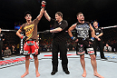 NOTTINGHAM, ENGLAND - SEPTEMBER 29:  John Hathaway (L) reacts after defeating John Maguire (R) during their welterweight fight at the UFC on Fuel TV event at Capital FM Arena on September 29, 2012 in Nottingham, England.  (Photo by Josh Hedges/Zuffa LLC/Zuffa LLC via Getty Images)