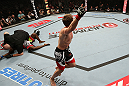 NOTTINGHAM, ENGLAND - SEPTEMBER 29:  Brad Pickett (R) reacts after knocking out Yves Jabouin during their bantamweight fight at the UFC on Fuel TV event at Capital FM Arena on September 29, 2012 in Nottingham, England.  (Photo by Josh Hedges/Zuffa LLC/Zuffa LLC via Getty Images)