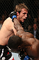 NOTTINGHAM, ENGLAND - SEPTEMBER 29:  (L-R) Brad Pickett punches Yves Jabouin during their bantamweight fight at the UFC on Fuel TV event at Capital FM Arena on September 29, 2012 in Nottingham, England.  (Photo by Josh Hedges/Zuffa LLC/Zuffa LLC via Getty Images)