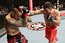 NOTTINGHAM, ENGLAND - SEPTEMBER 29:  (R-L) Amir Sadollah punches Dan Hardy during their welterweight fight at the UFC on Fuel TV event at Capital FM Arena on September 29, 2012 in Nottingham, England.  (Photo by Josh Hedges/Zuffa LLC/Zuffa LLC via Getty Images)