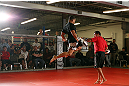 MINNEAPOLIS, MN - OCTOBER 02:  John Dodson works out for media and fans during an open training session at Cellar Kickboxing and Martial Arts on October 2, 2012 in Minneapolis, Minnesota.  (Photo by Josh Hedges/Zuffa LLC/Zuffa LLC via Getty Images)