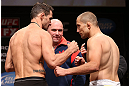 MINNEAPOLIS, MN - OCTOBER 04:  (L-R) Opponents Aaron Simpson and Mike Pierce face off during the UFC on FX weigh in at Pantages Theater on October 4, 2012 in Minneapolis, Minnesota.  (Photo by Josh Hedges/Zuffa LLC/Zuffa LLC via Getty Images)