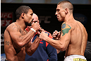 MINNEAPOLIS, MN - OCTOBER 04:  (L-R) Opponents Marcus LeVesseur and Carlo Prater face off during the UFC on FX weigh in at Pantages Theater on October 4, 2012 in Minneapolis, Minnesota.  (Photo by Josh Hedges/Zuffa LLC/Zuffa LLC via Getty Images)