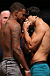 MINNEAPOLIS, MN - OCTOBER 04:  (L-R) Opponents Michael Johnson and Danny Castillo face off during the UFC on FX weigh in at Pantages Theater on October 4, 2012 in Minneapolis, Minnesota.  (Photo by Josh Hedges/Zuffa LLC/Zuffa LLC via Getty Images)