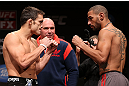MINNEAPOLIS, MN - OCTOBER 04:  (L-R) Opponents Jake Ellenberger and Jay Hieron face off during the UFC on FX weigh in at Pantages Theater on October 4, 2012 in Minneapolis, Minnesota.  (Photo by Josh Hedges/Zuffa LLC/Zuffa LLC via Getty Images)