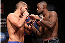 MINNEAPOLIS, MN - OCTOBER 04:  (L-R) Opponents Jeremy Stephens and Yves Edwards face off during the UFC on FX weigh in at Pantages Theater on October 4, 2012 in Minneapolis, Minnesota.  (Photo by Josh Hedges/Zuffa LLC/Zuffa LLC via Getty Images)